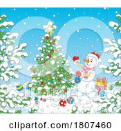 Poster, Art Print Of Cartoon Snowman Decorating A Christmas Tree