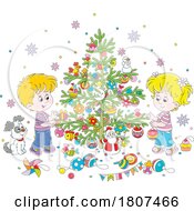 Cartoon Christmas Children Decorating A Tree