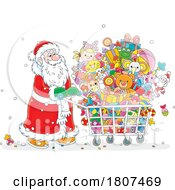 Poster, Art Print Of Cartoon Santa Claus Pushing A Shopping Cart With Gifts And Toys