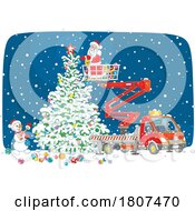 Poster, Art Print Of Cartoon Santa Claus And Snowman Using A Lift To Decorate A Christmas Tree