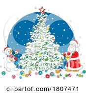 Cartoon Santa Claus And Snowman Decorating A Christmas Tree