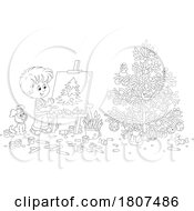 Cartoon Black And White Boy Painting A Christmas Tree