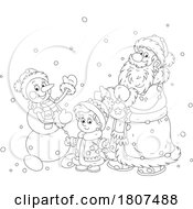 Cartoon Black And White Santa Claus And Snowman With A Boy