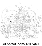Poster, Art Print Of Cartoon Black And White Christmas Children Decorating A Tree