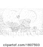 Cartoon Black And White Christmas Children With A Fresh Cut Tree