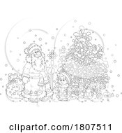 Cartoon Black And White Christmas Santa Claus And Boy