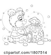Poster, Art Print Of Cartoon Black And White Bear Cub With A Gift