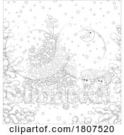 Poster, Art Print Of Cartoon Black And White Christmas Children With A Tree