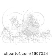 Cartoon Black And White Santa Decorating A Christmas Tree