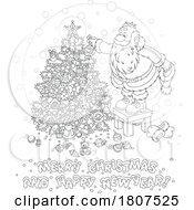 Cartoon Black And White Santa Claus Decorating A Christmas Tree With A Greeting