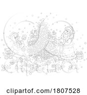 Cartoon Black And White Santa Claus And Snowman Decorating A Christmas Tree