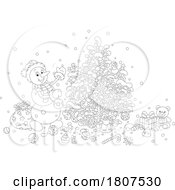 Poster, Art Print Of Cartoon Black And White Christmas Winter Snowman Decorating A Tree