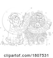 Cartoon Black And White Santa Claus Pushing A Shopping Cart With Gifts And Toys