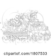 Poster, Art Print Of Cartoon Black And White Santa Driving A Christmas Truck With A Tree