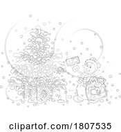 Cartoon Black And White Christmas Winter Snowman Delivering Mail