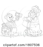 Cartoon Black And White Santa Claus And Snowman Exchanging Christmas Mail