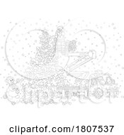 Poster, Art Print Of Cartoon Black And White Santa Claus And Snowman Using A Lift To Decorate A Christmas Tree