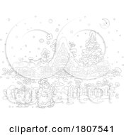 Poster, Art Print Of Cartoon Black And White Santa Pulling A Sleigh By A Cottage On Christmas Eve