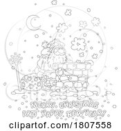 Poster, Art Print Of Cartoon Black And White Merry Christmas And Happy New Year Greeting With Santa