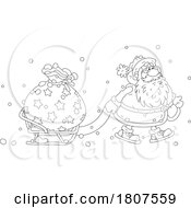 Poster, Art Print Of Cartoon Black And White Santa Pulling Christmas Sack On A Sled