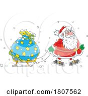 Poster, Art Print Of Cartoon Santa Pulling Christmas Sack On A Sled