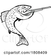 Poster, Art Print Of Rainbow Trout Aiming Shotgun Rifle Side View Cartoon Mascot Retro