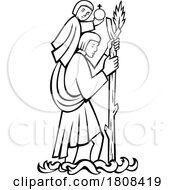 Poster, Art Print Of Saint Christopher Carrying The Christ Child Medieval Line Art