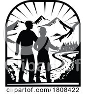 Poster, Art Print Of Father And Son To Start Journey With Mountains And River Woodcut