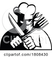 Chef Cook Baker Bandit Wearing Face Mask Holding Knife And Fork Front View Mascot by patrimonio