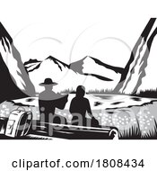 Poster, Art Print Of Male And Female Hiker Tramper Sitting On Log Reading With Backpack Woodcut