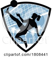 Female Footvolley Player Kicking The Ball Inside Shield Mascot Retro