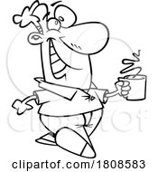 Cartoon Outline Man Walking Happily With A Cup Of Coffee