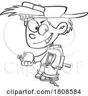 Cartoon Outline Mischievous School Boy Holding An Apple With A Worm