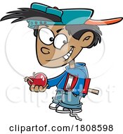 Cartoon Mischievous School Boy Holding An Apple With A Worm