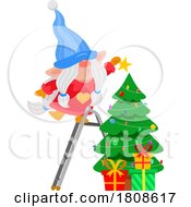 Cartoon Christmas Gnome Putting A Star On A Tree