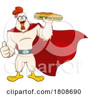 Cartoon Super Rooster Chicken Mascot Character With A Sandwich