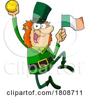 Cartoon Leprechaun Holding A Flag And Jumping With A Coin