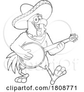 Cartoon Black And White Mexican Rooster Chicken Mascot Playing A Banjo