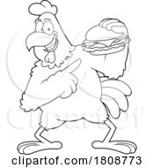 Cartoon Black And White Rooster Mascot Character With A Chicken Burger