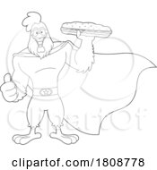 Cartoon Black And White Super Rooster Chicken Mascot Character With A Sandwich