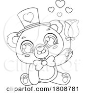 Poster, Art Print Of Cartoon Black And White Valentines Day Bear Mascot With A Rose