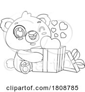 Cartoon Black And White Valentines Day Bear Mascot Character With A Gift