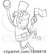 Cartoon Black And White Leprechaun Holding A Flag And Jumping With A Coin