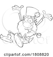 Cartoon Black And White Leprechaun Smoking A Pipe And Jumping