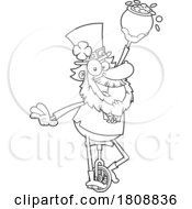 Cartoon Black And White Leprechaun Riding A Unicycle With A Pot Of Gold