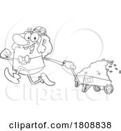 Cartoon Black And White Leprechaun Running With A Wagon Of Gold