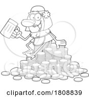 Cartoon Black And White Leprechaun Lady Drinking Beer On A Pile Of Gold