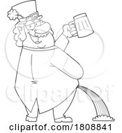 Cartoon Black And White Drunk Leprechaun Holding A Beer And Peeing A Rainbow