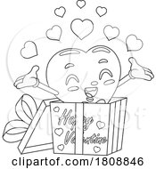 Poster, Art Print Of Cartoon Black And White Valentines Day Heart Mascot Popping Out Of A Gift Box