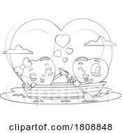 Cartoon Black And White Valentines Day Heart Mascot Couple On A Boat Date